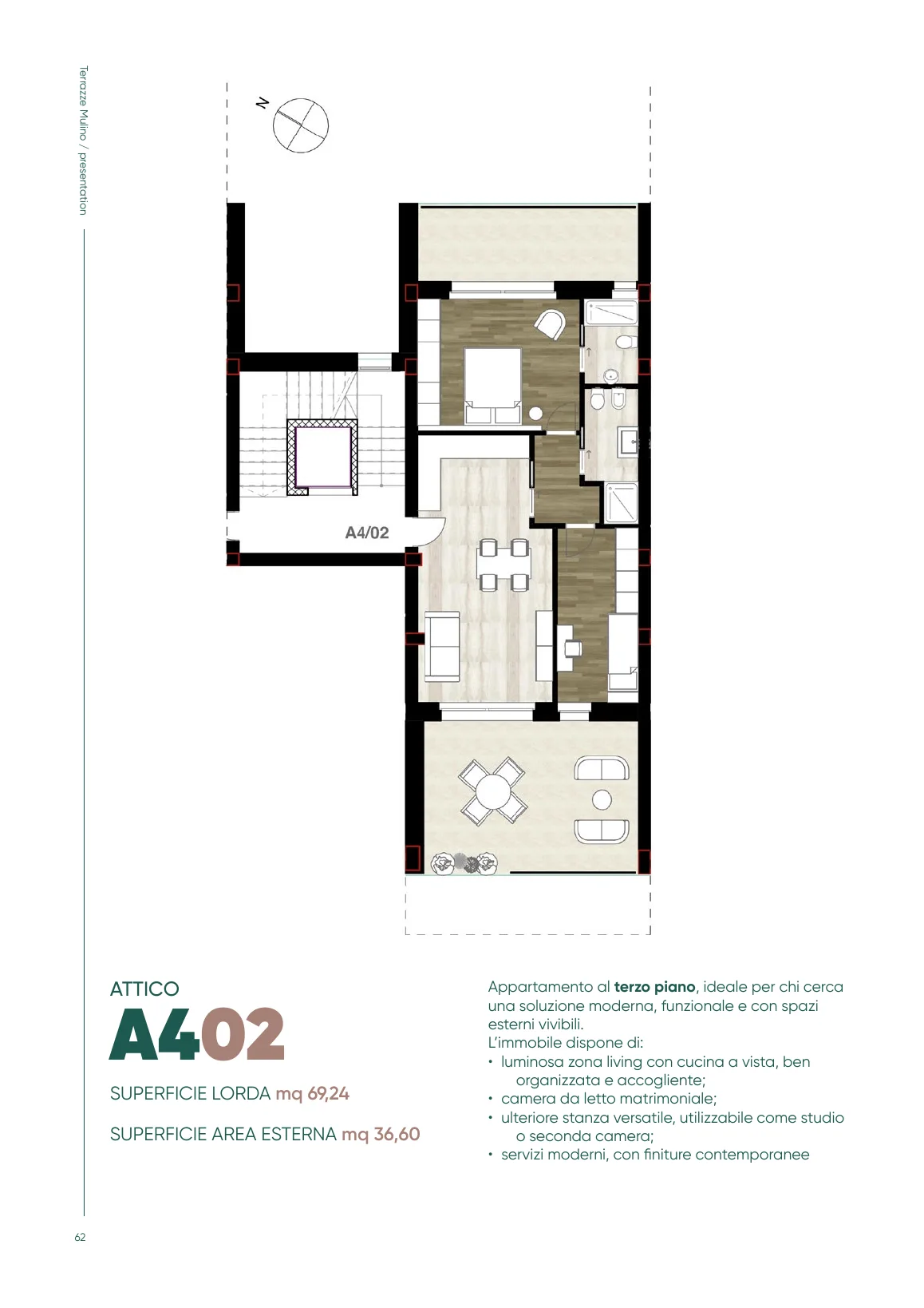 Planimetria dell'appartamento A402 con terrazza