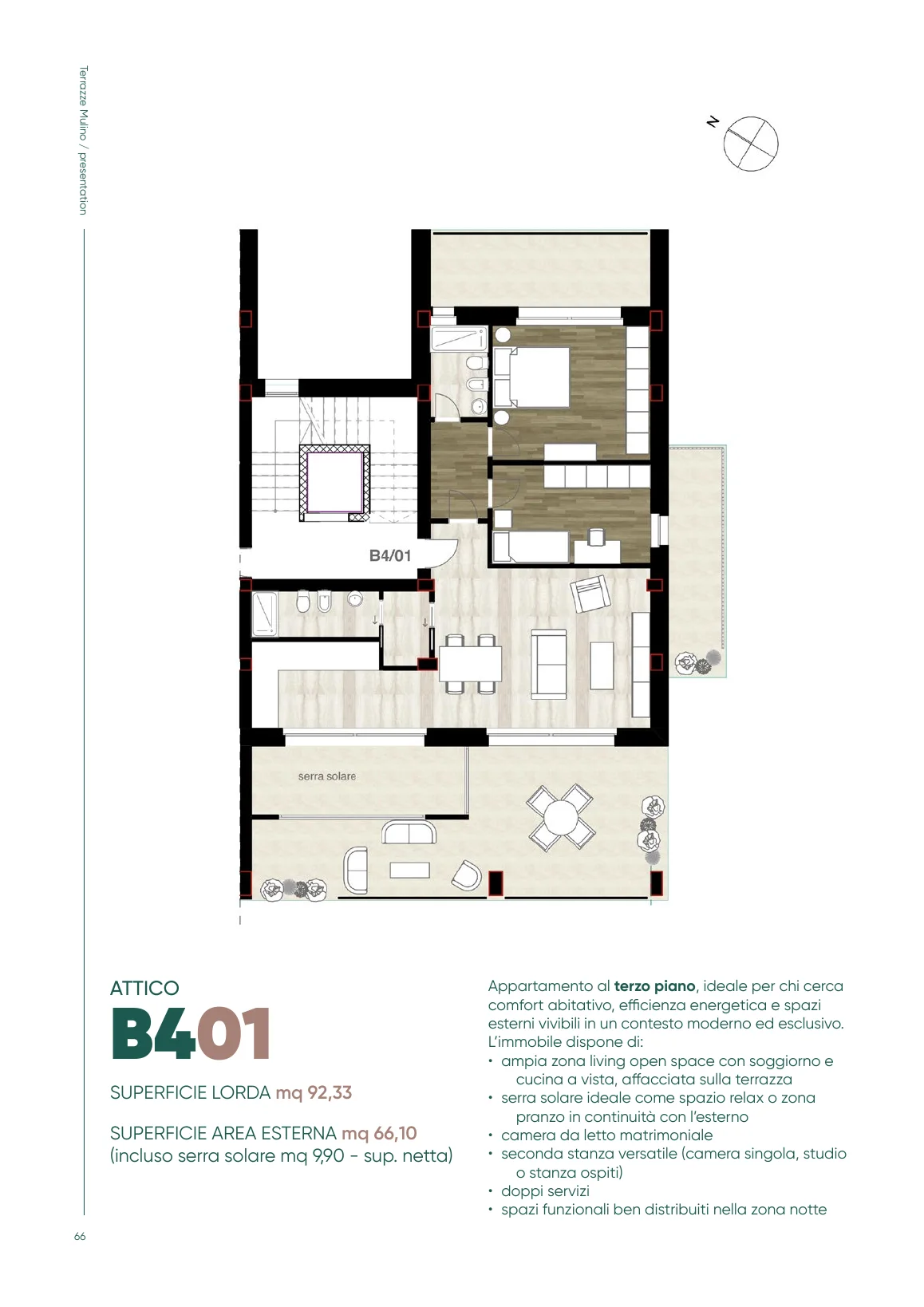 Planimetria dell'appartamento B401 con serra solare