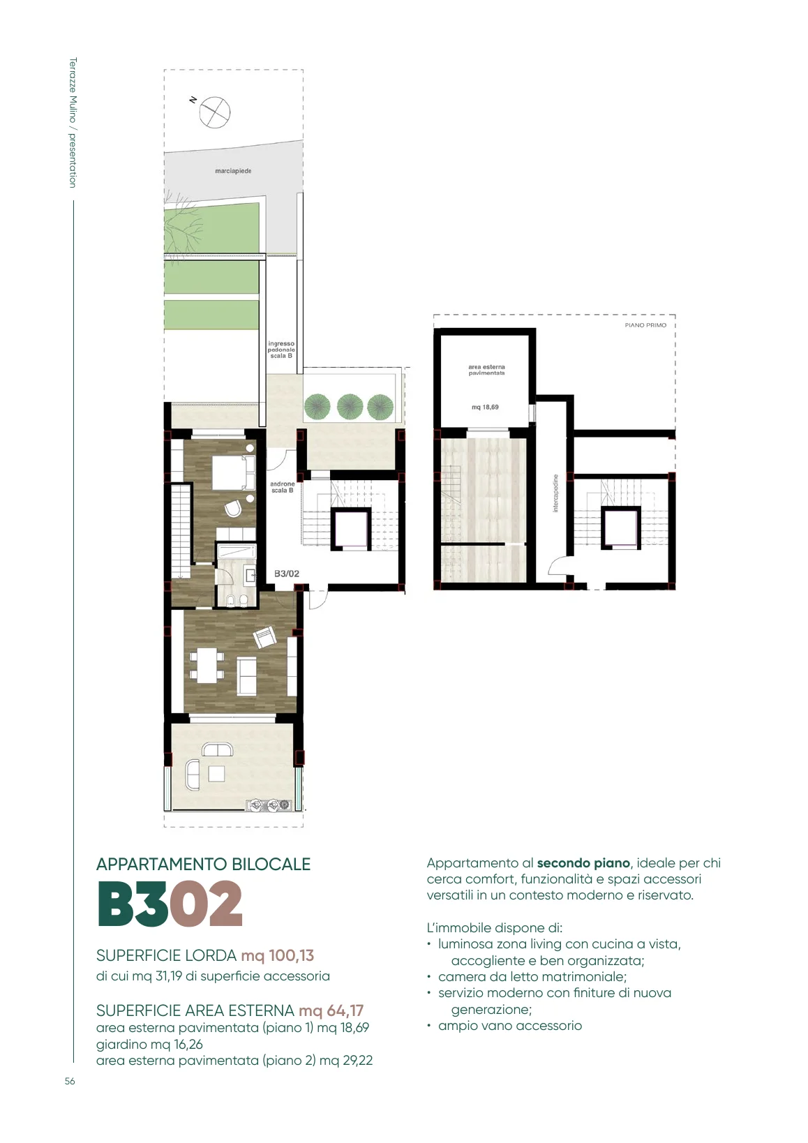 Planimetria dell'appartamento B302 con spazi esterni