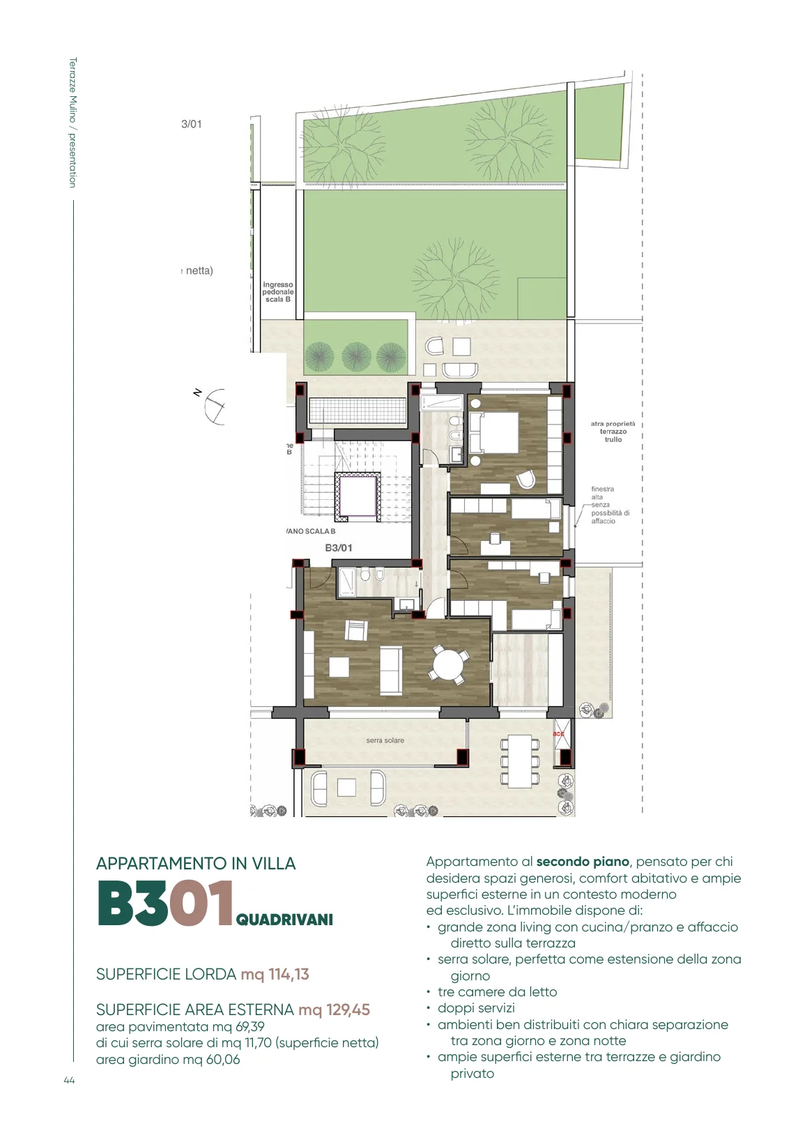 Planimetria dell'appartamento B301 Soluzione 2 con serra solare
