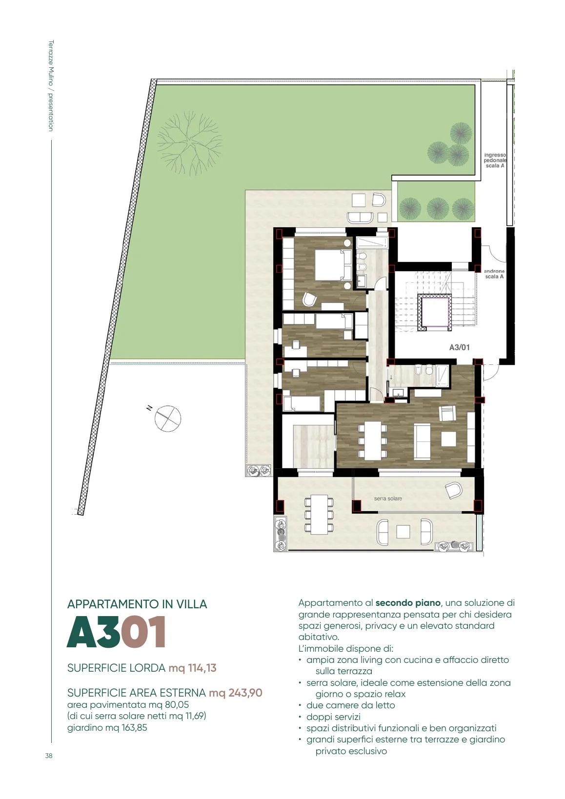Planimetria dell'appartamento A301 con giardino pensile