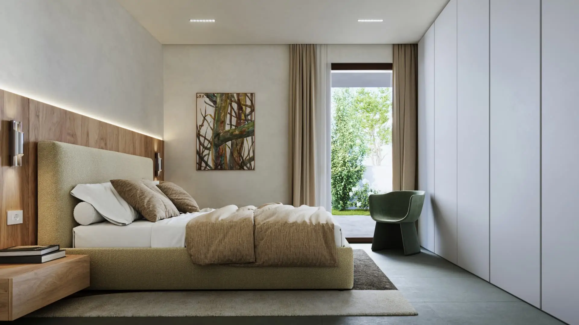 Camera da letto dai toni naturali con finestra sul verde