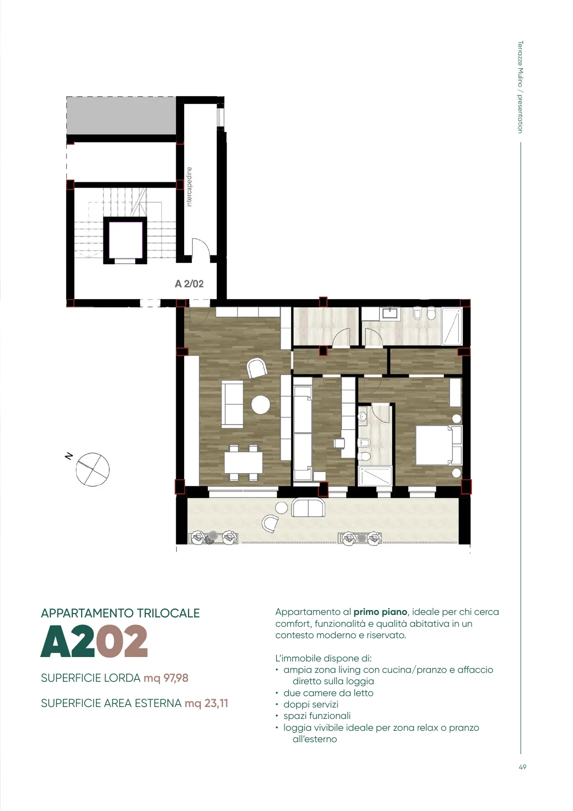 Planimetria dell'appartamento A202 con terrazza