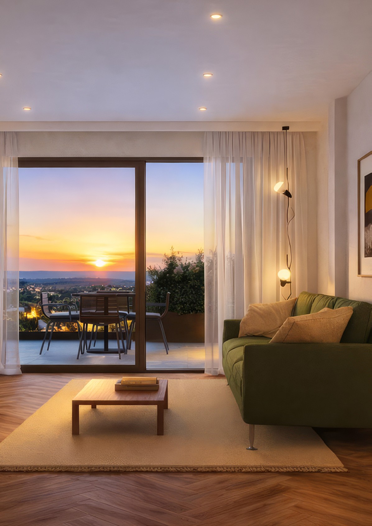 Soggiorno con divano verde e balcone affacciato sul tramonto
