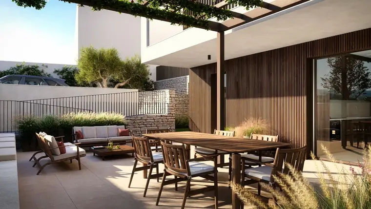 Terrazza arredata con pergolato della soluzione A102