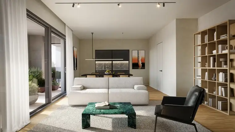 Soggiorno con vista sulla cucina e accesso alla terrazza della soluzione B301