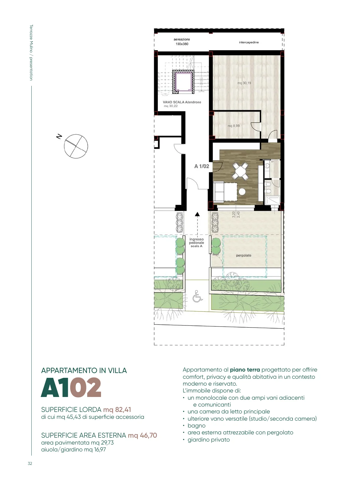 Planimetria dell'appartamento A102 con area esterna