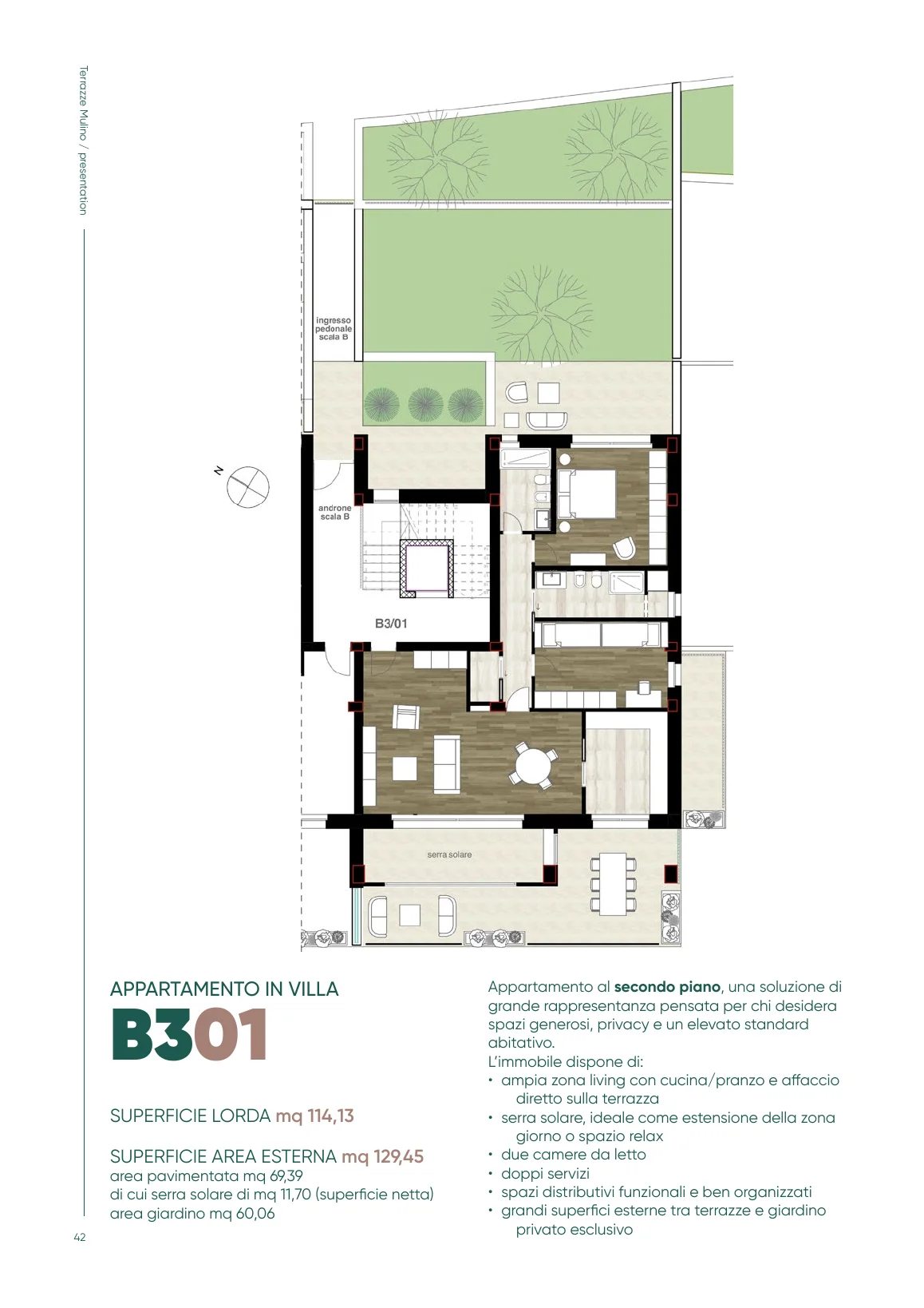 Planimetria dell'appartamento B301 con serra solare