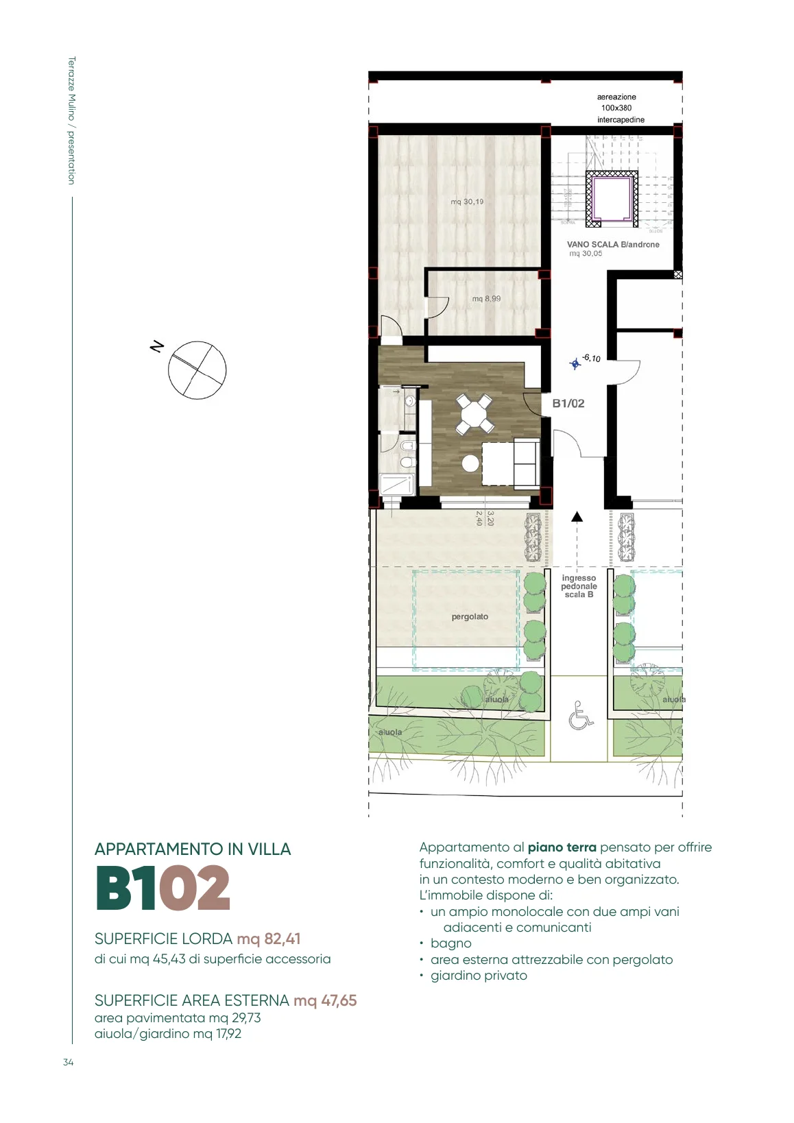 Planimetria dell'appartamento B102 con giardino