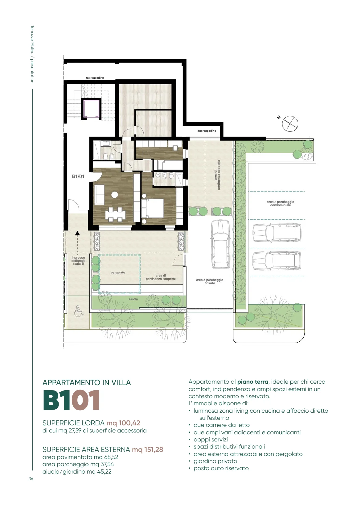 Planimetria dell'appartamento B101 con giardino e parcheggio