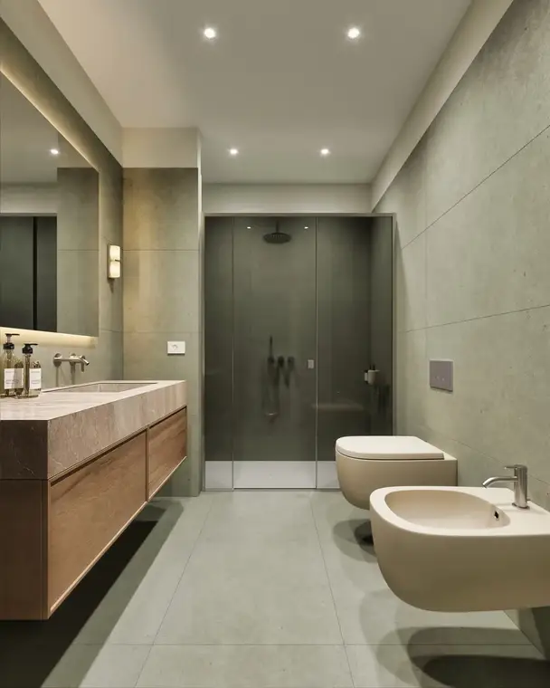 Bagno contemporaneo con ampia doccia della soluzione B201