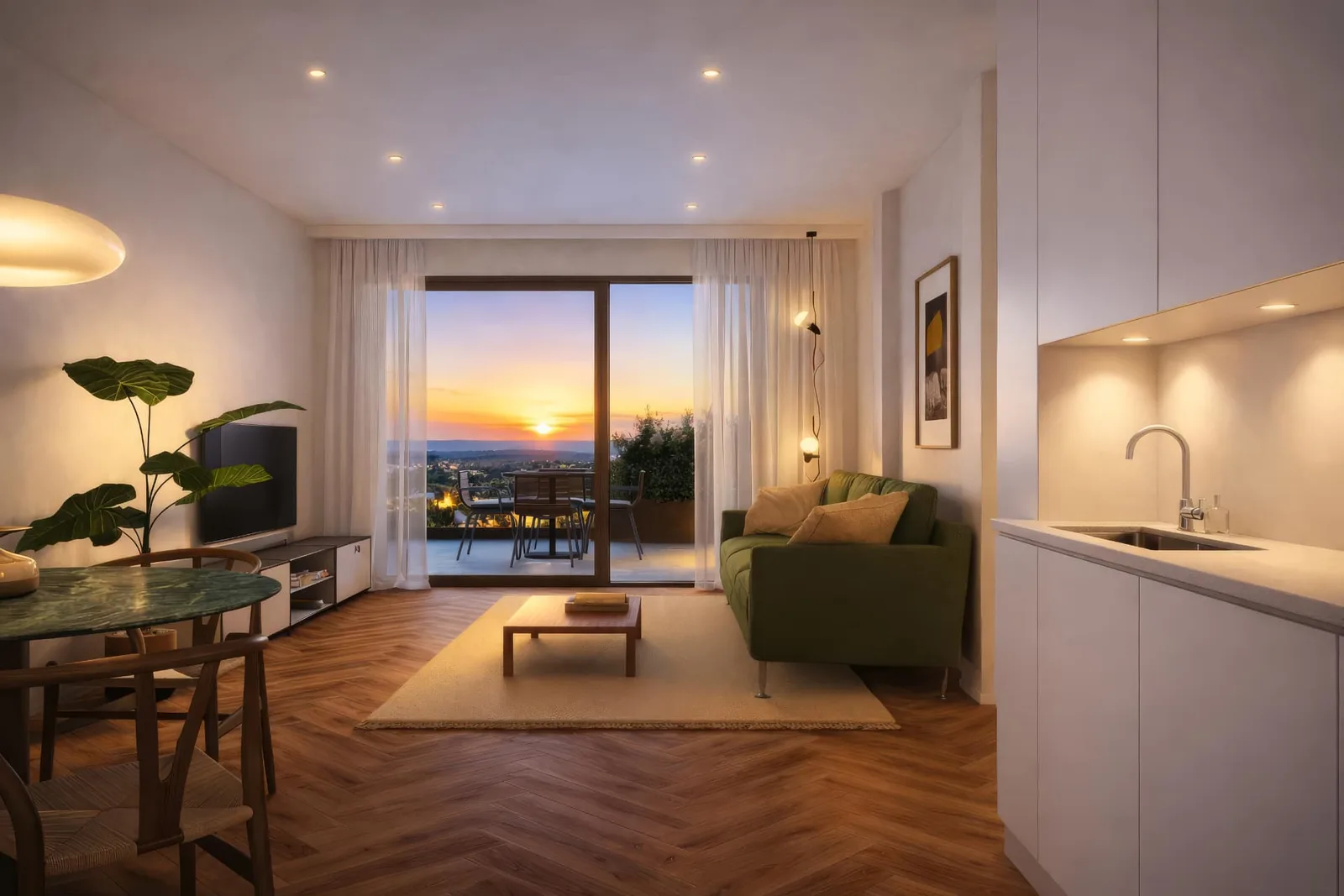 Soggiorno con cucina e vista panoramica al tramonto della soluzione A402 Quadrivani